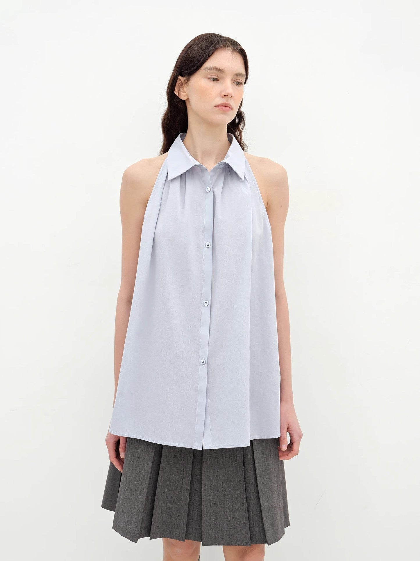 Imported Pure Cotton Stand-Up Collar Oversized Sleeveless Blouse