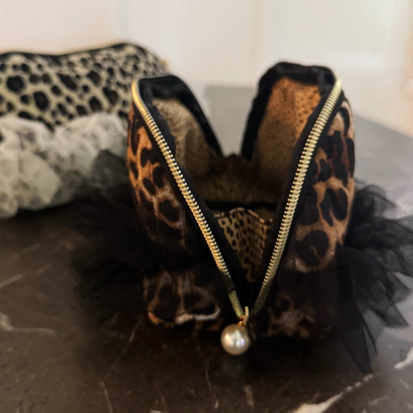 Tulle Laced Leopard Cosmetic Case – Sassy & Feminine Pouch for Makeup, Travel, or Everyday Use
