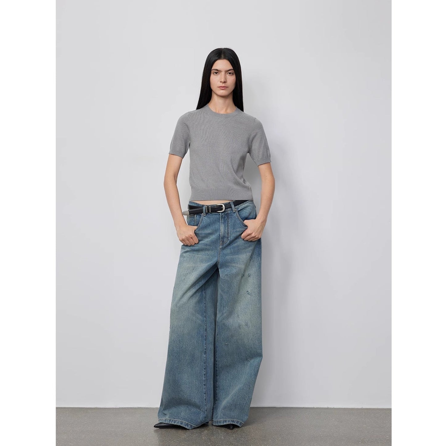 "90 Street" Retro Washed Distressed Wide Leg Jeans