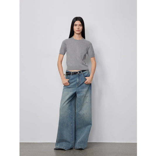 "90 Street" Retro Washed Distressed Wide Leg Jeans