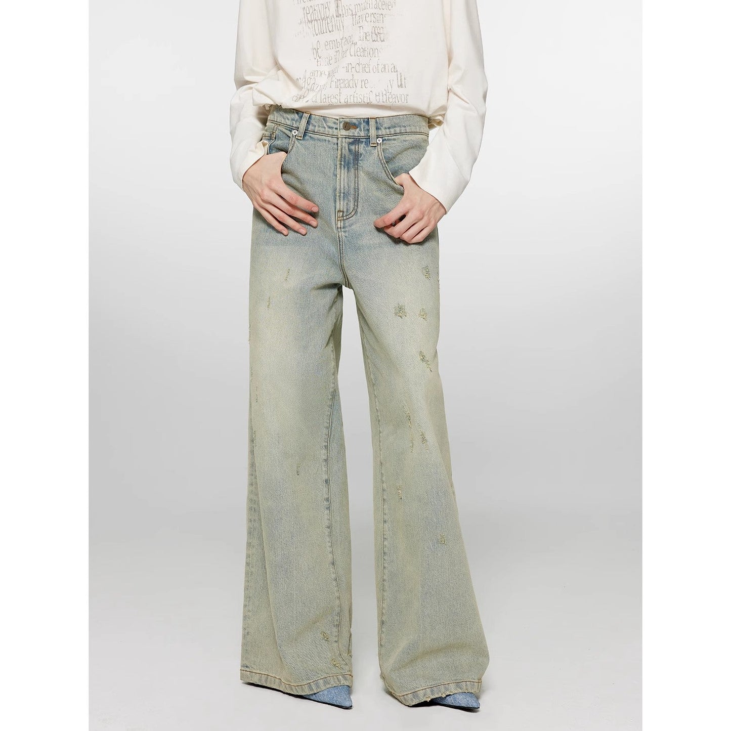 "90 Street" Retro Washed Distressed Wide Leg Jeans