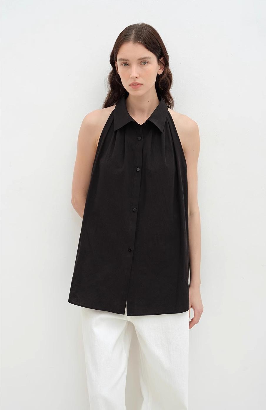 Imported Pure Cotton Stand-Up Collar Oversized Sleeveless Blouse
