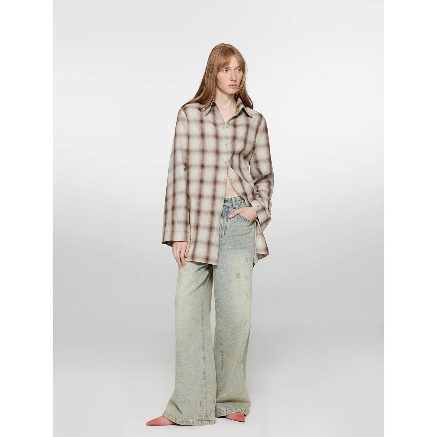 "90 Street" Retro Washed Distressed Wide Leg Jeans