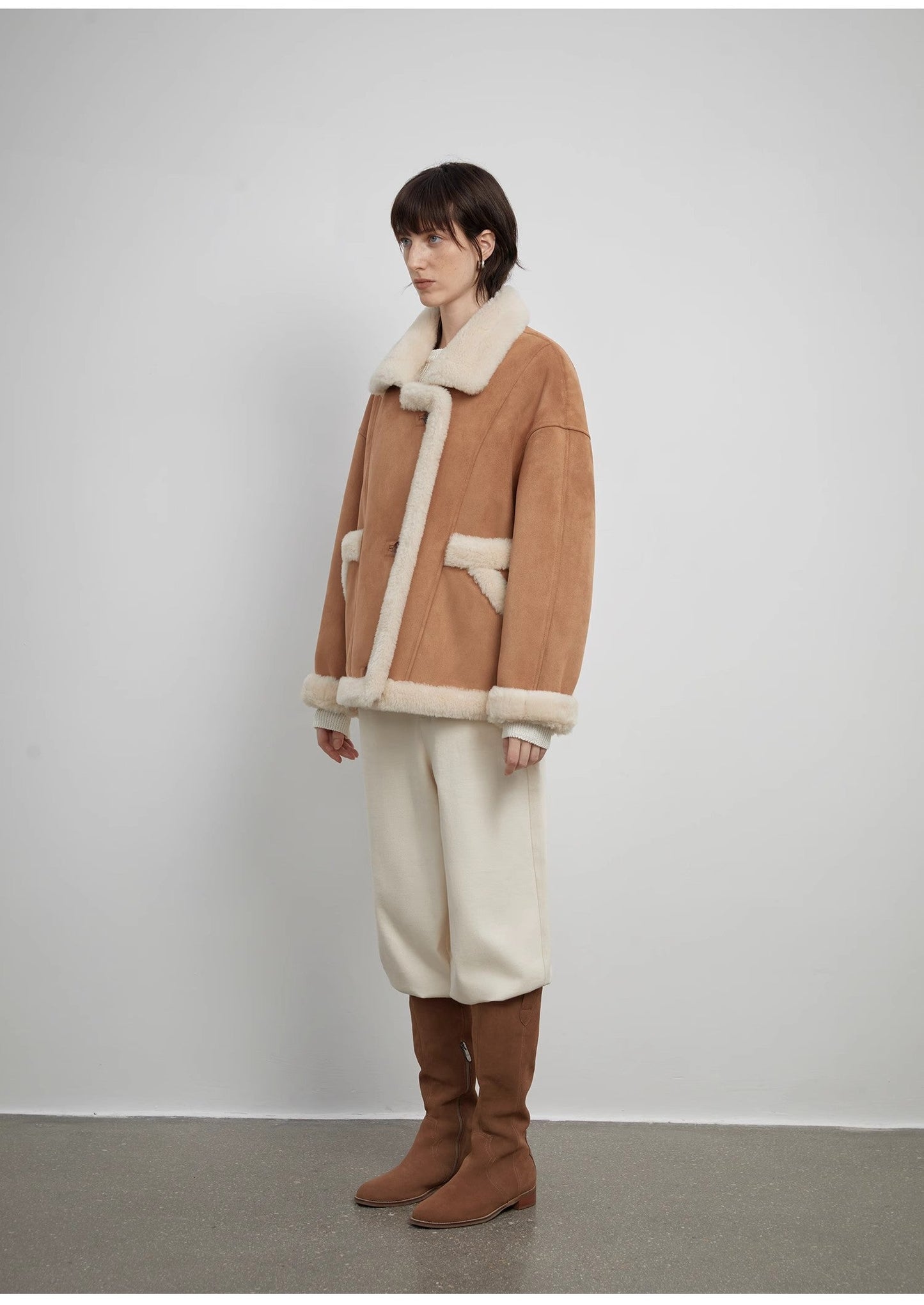 Retro Biker-Style Wool-Lined Wide Lapel Suede Shearling Jacket