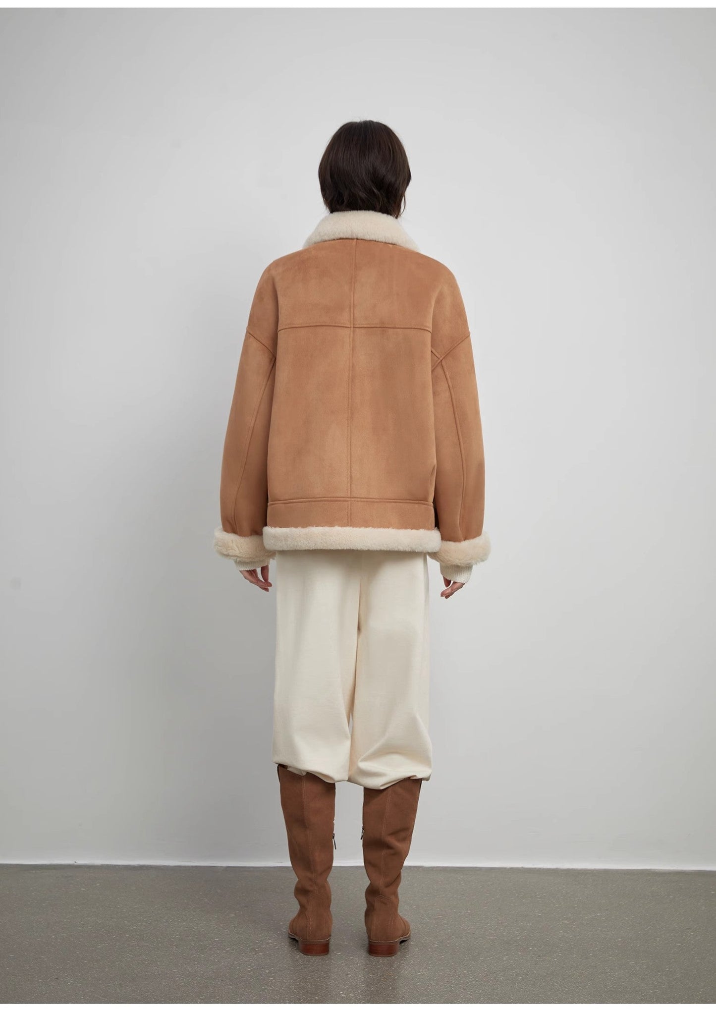 Retro Biker-Style Wool-Lined Wide Lapel Suede Shearling Jacket