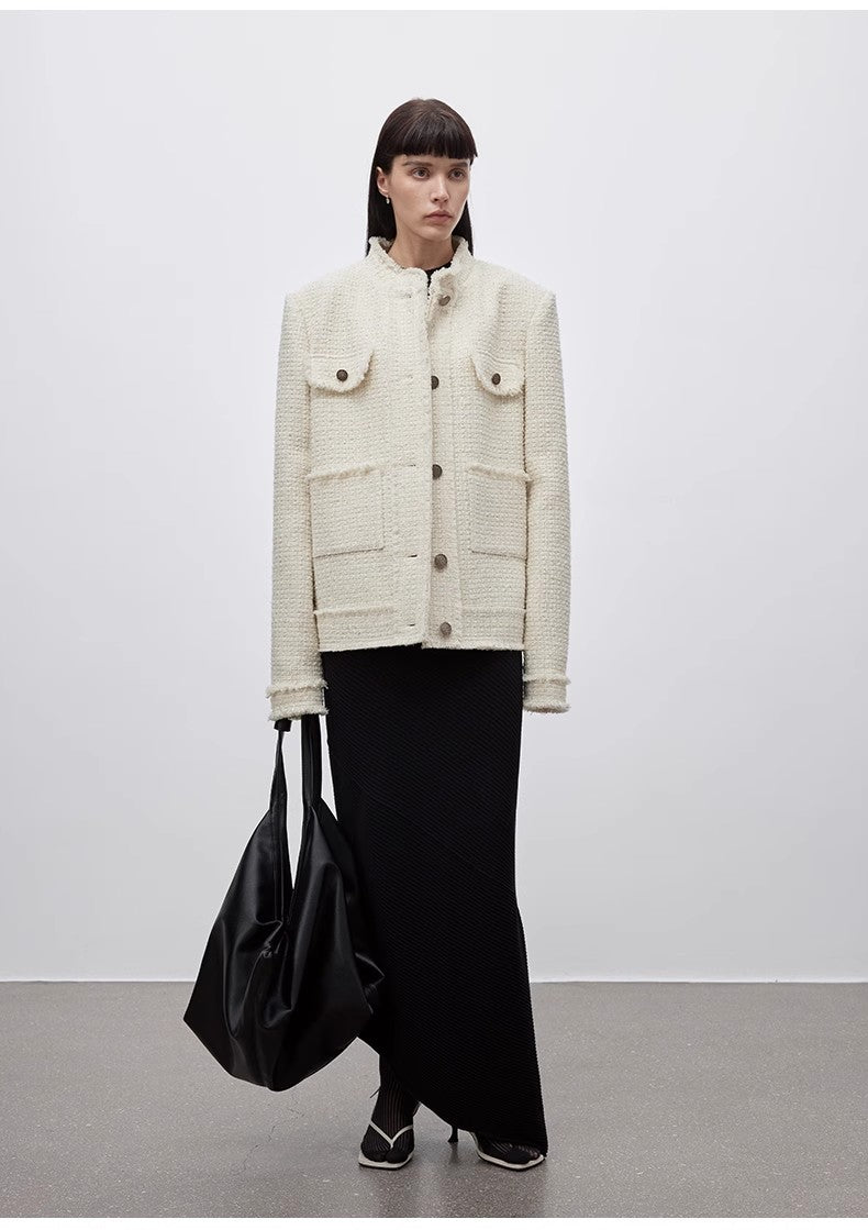 Iconic Heavy New Zealand Wool Elegant Blazer Jacket with Textured Trim