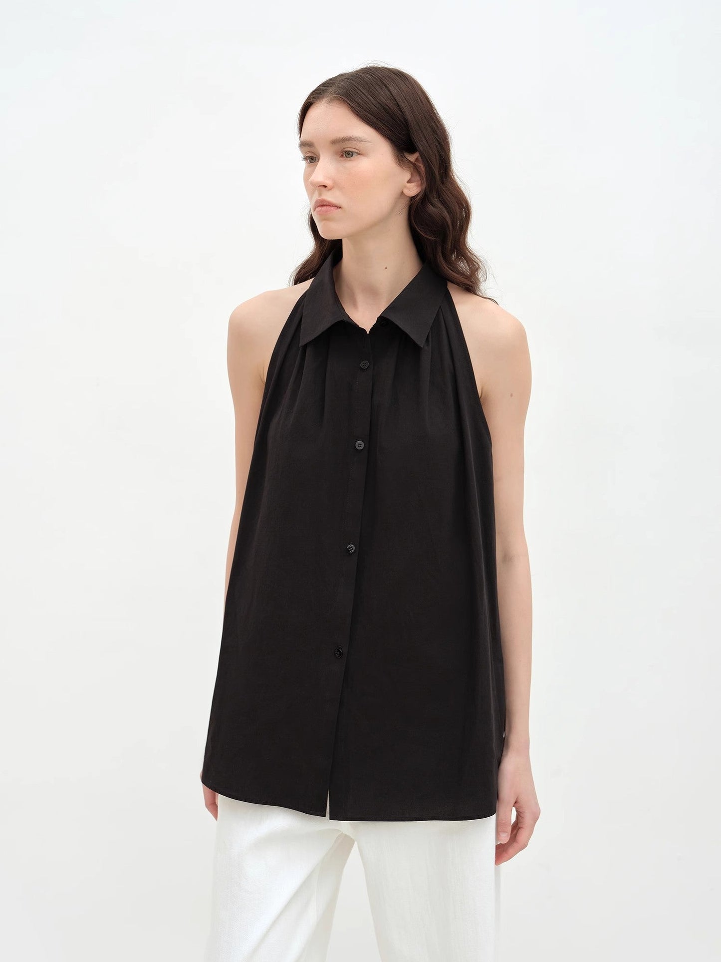 Imported Pure Cotton Stand-Up Collar Oversized Sleeveless Blouse