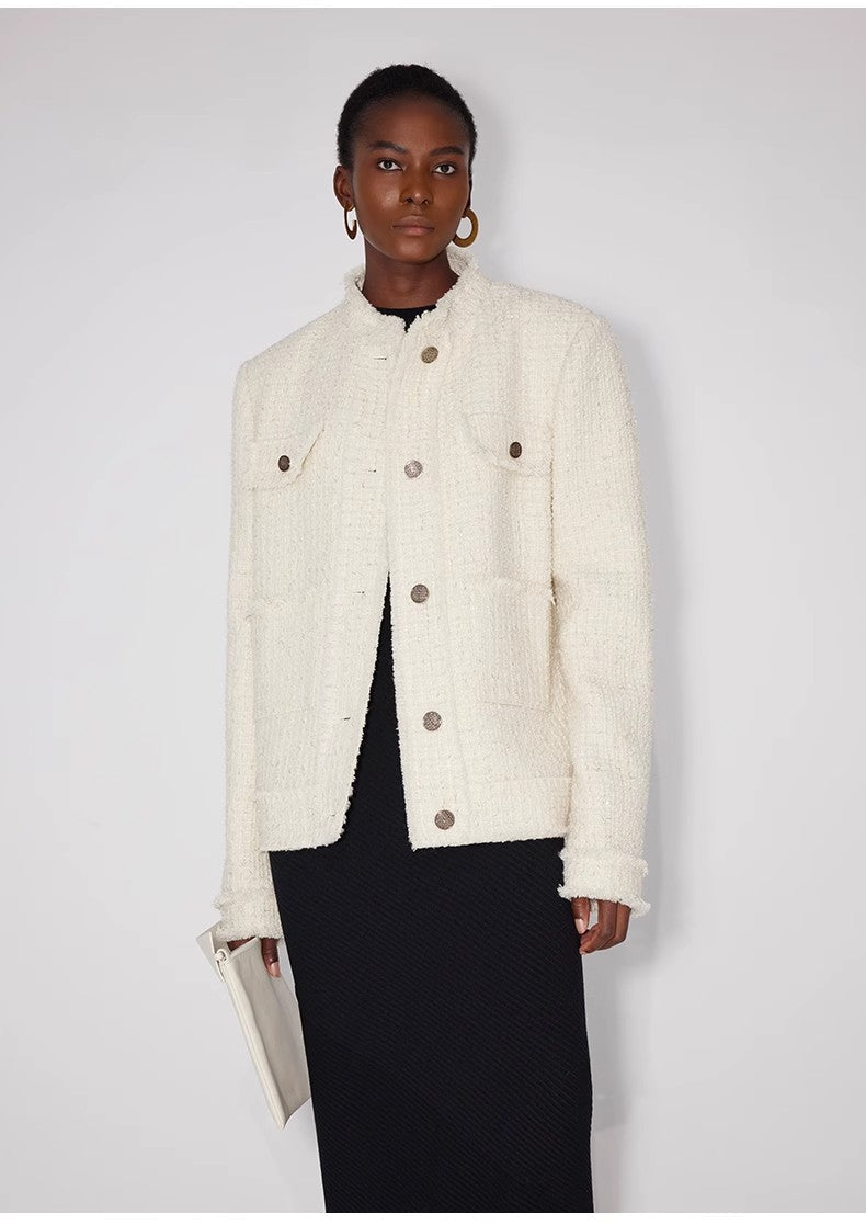 Iconic Heavy New Zealand Wool Elegant Blazer Jacket with Textured Trim