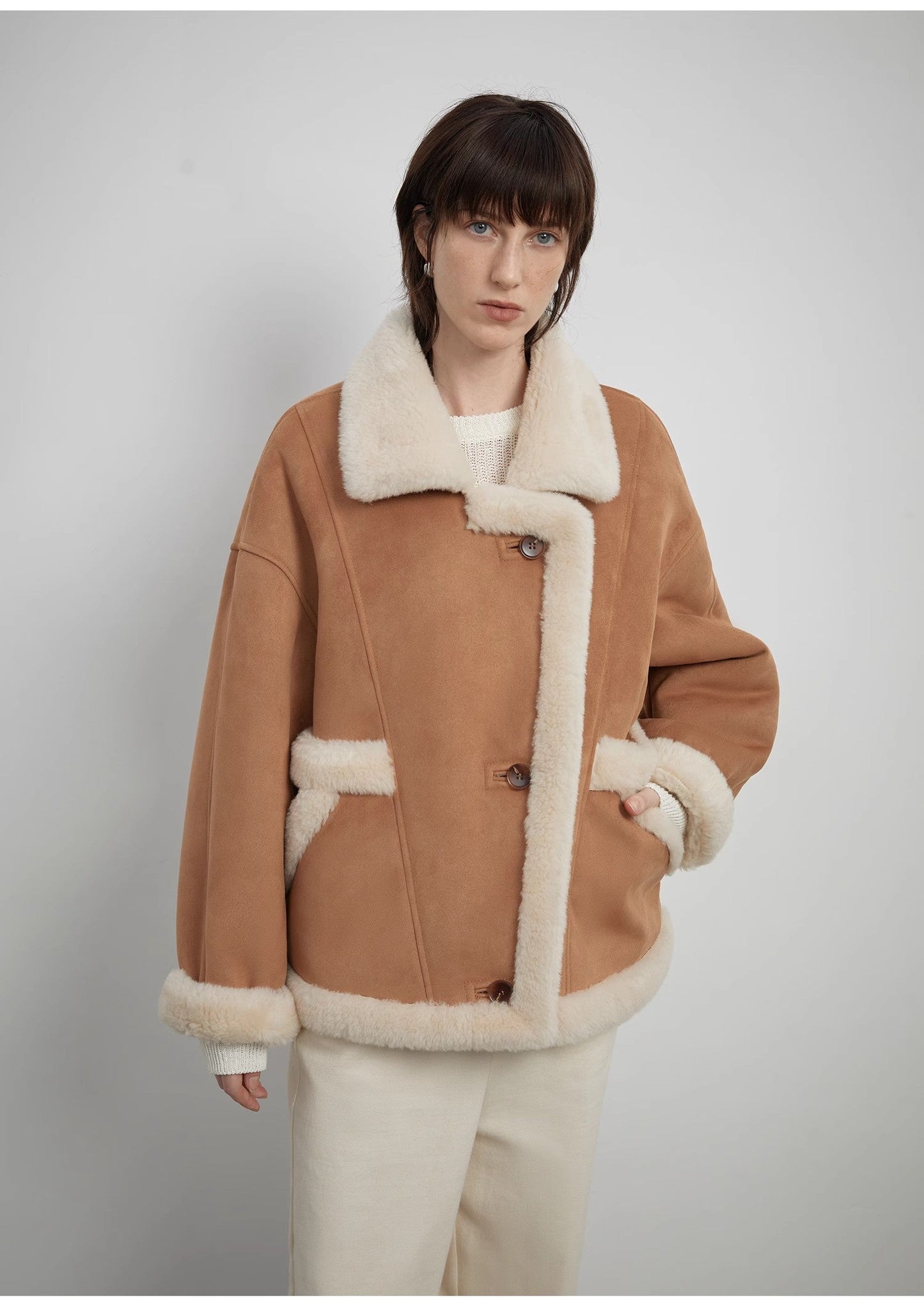 Retro Biker-Style Wool-Lined Wide Lapel Suede Shearling Jacket