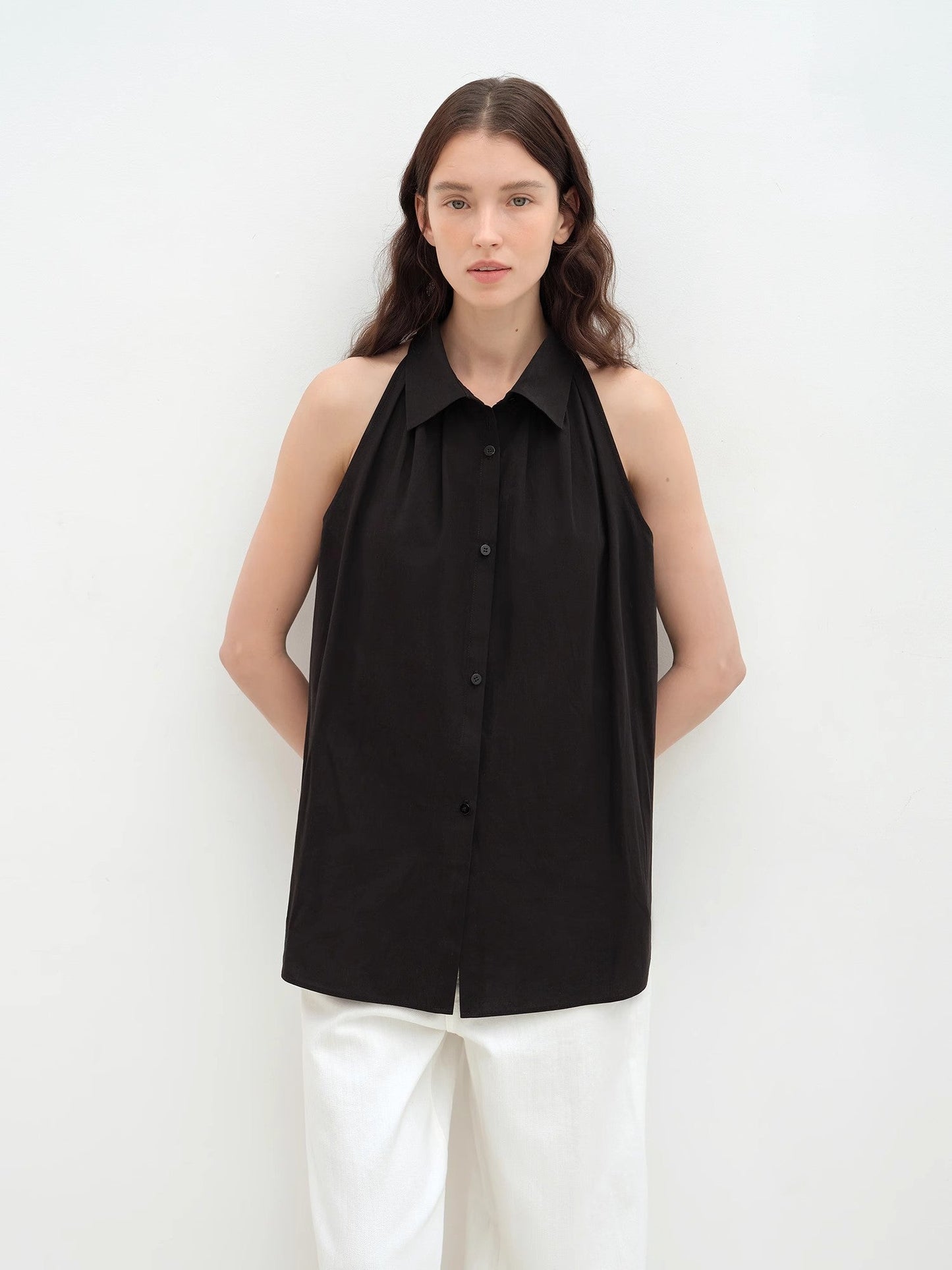 Imported Pure Cotton Stand-Up Collar Oversized Sleeveless Blouse
