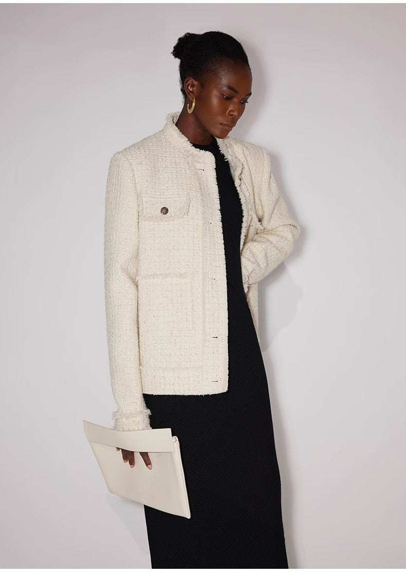 Iconic Heavy New Zealand Wool Elegant Blazer Jacket with Textured Trim