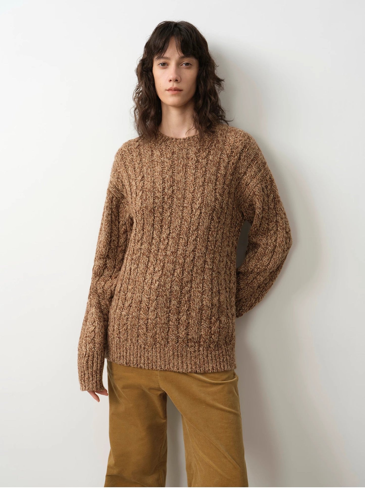Wide-Shoulder Cape Sleeve Cable-Knit Wool Blend Sweater