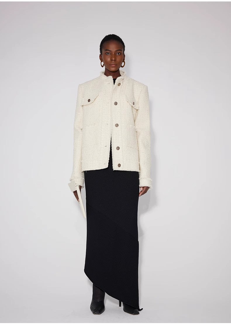 Iconic Heavy New Zealand Wool Elegant Blazer Jacket with Textured Trim