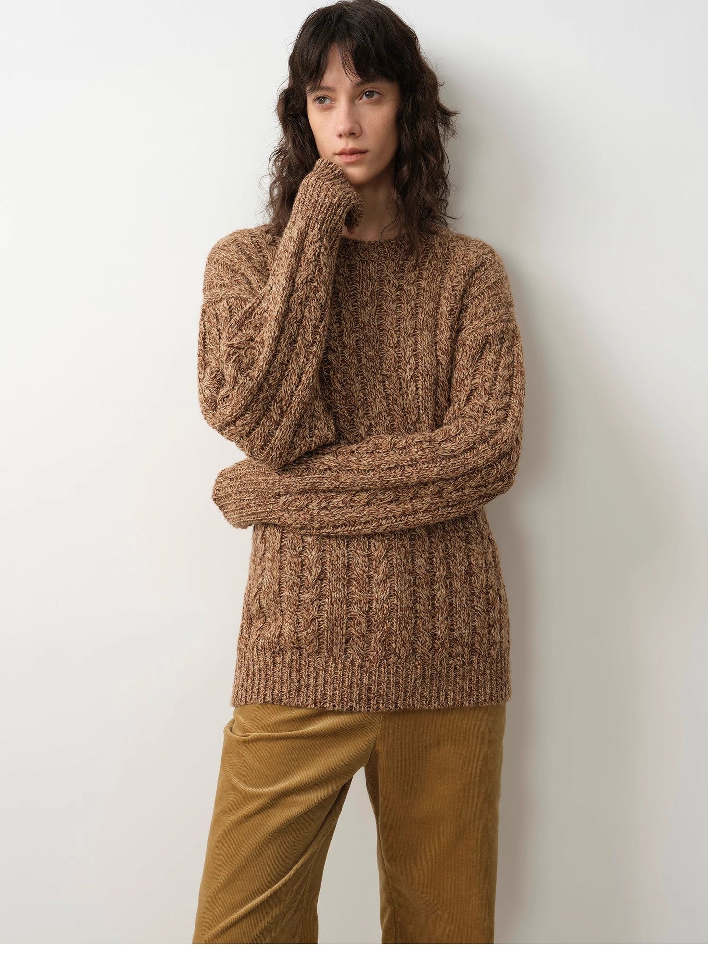 Wide-Shoulder Cape Sleeve Cable-Knit Wool Blend Sweater