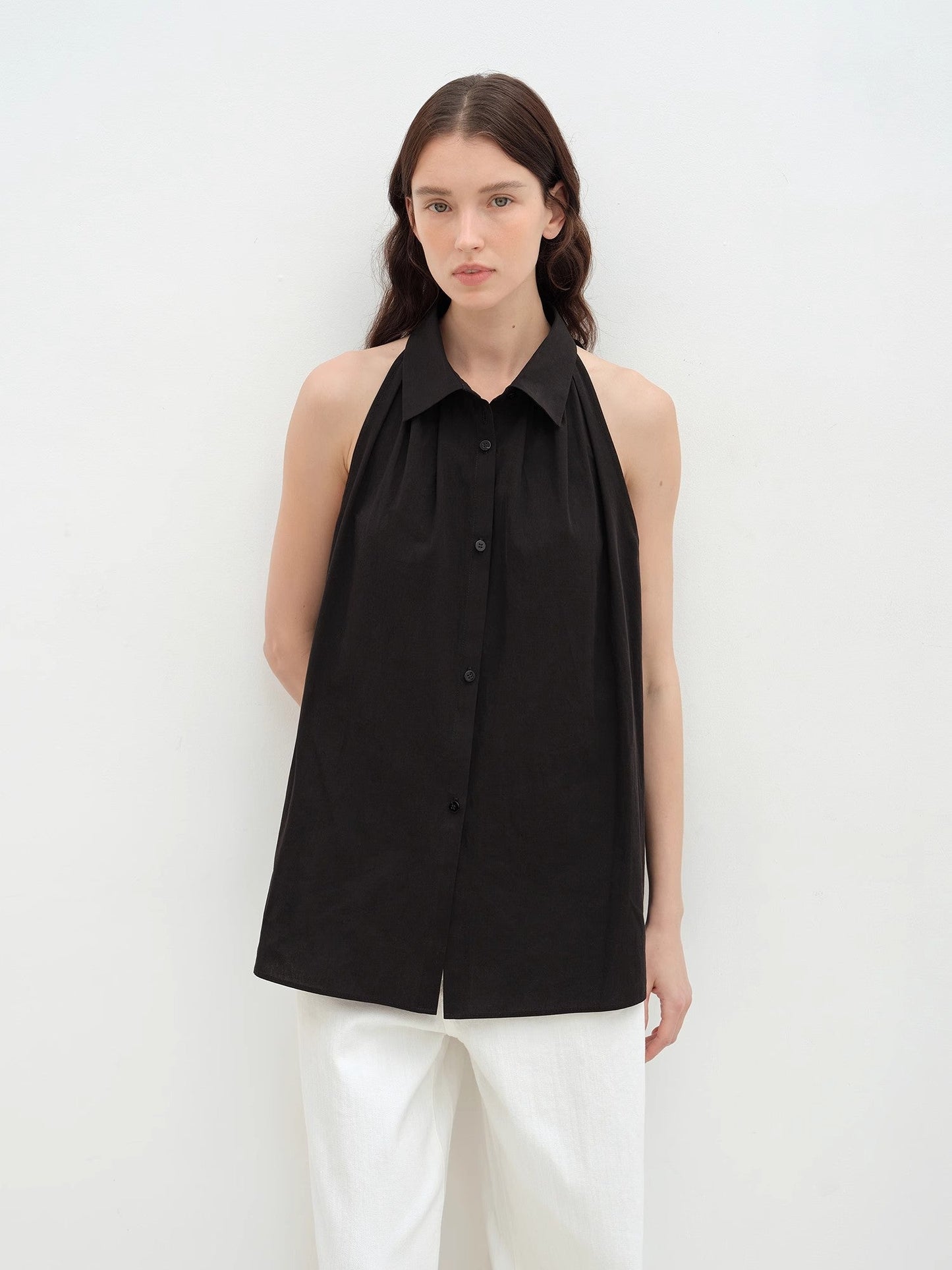 Imported Pure Cotton Stand-Up Collar Oversized Sleeveless Blouse