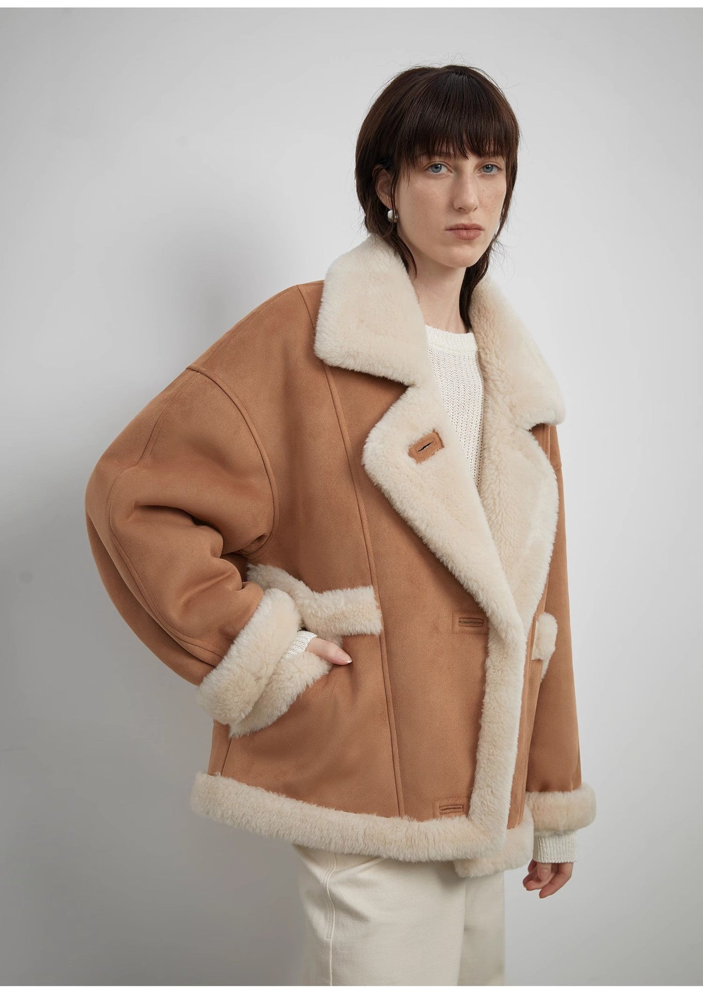 Retro Biker-Style Wool-Lined Wide Lapel Suede Shearling Jacket