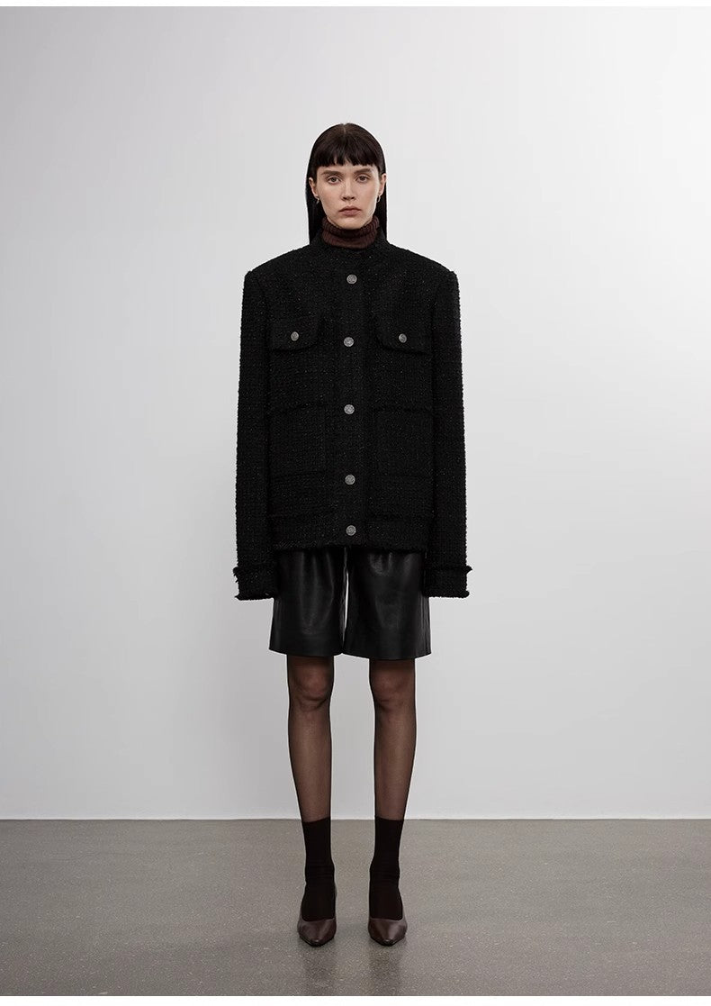 Iconic Heavy New Zealand Wool Elegant Blazer Jacket with Textured Trim