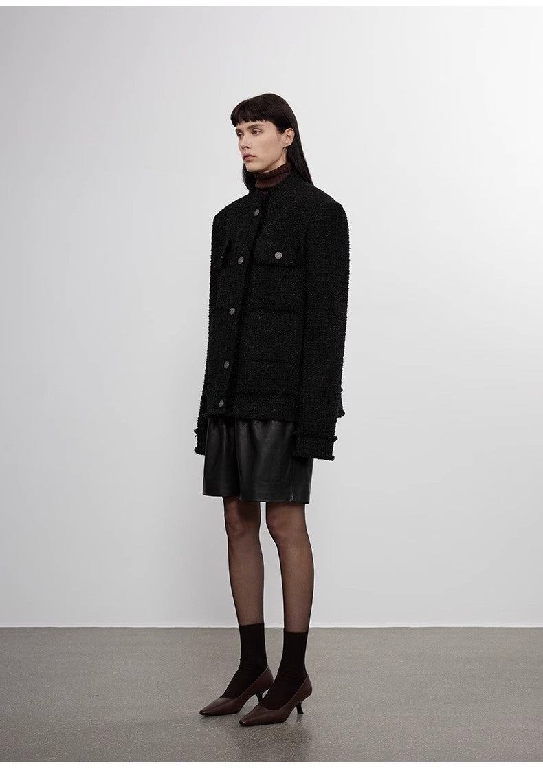 Iconic Heavy New Zealand Wool Elegant Blazer Jacket with Textured Trim