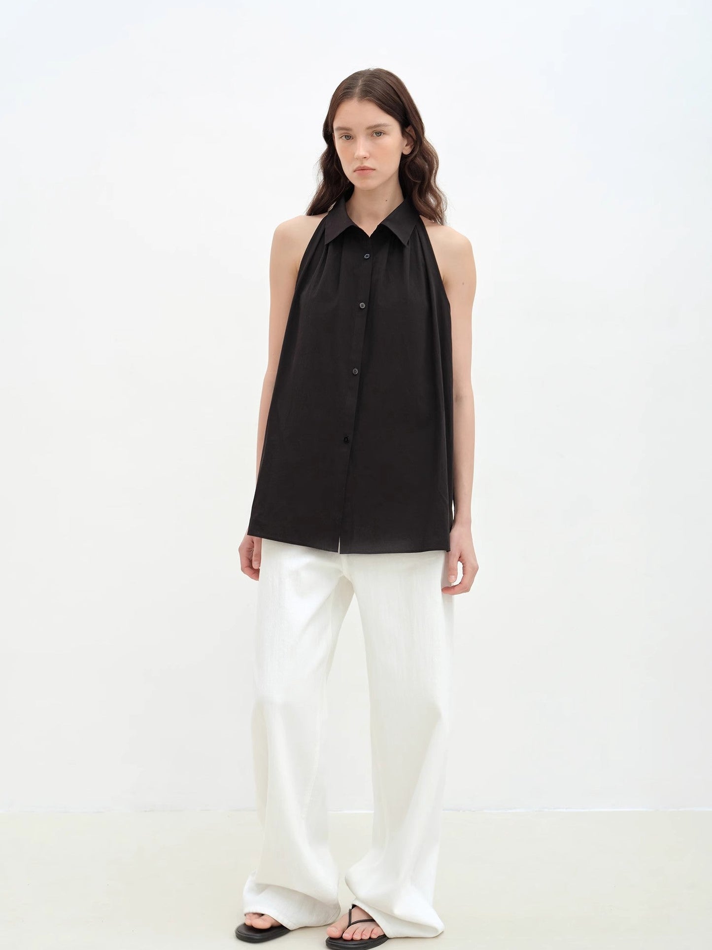 Imported Pure Cotton Stand-Up Collar Oversized Sleeveless Blouse