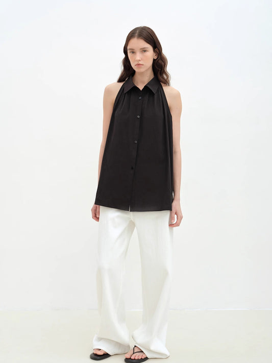 Imported Pure Cotton Stand-Up Collar Oversized Sleeveless Blouse