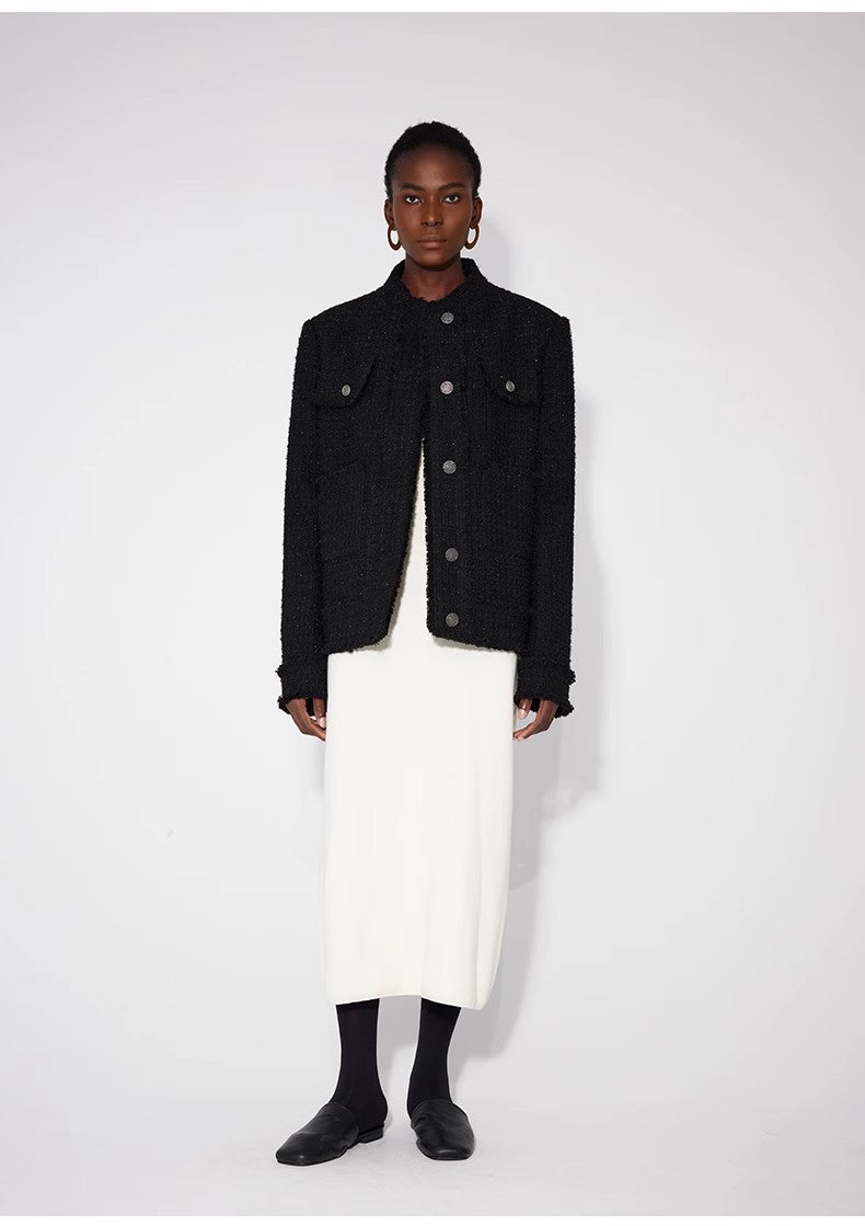 Iconic Heavy New Zealand Wool Elegant Blazer Jacket with Textured Trim