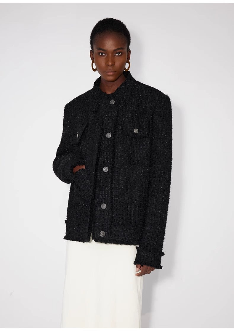 Iconic Heavy New Zealand Wool Elegant Blazer Jacket with Textured Trim