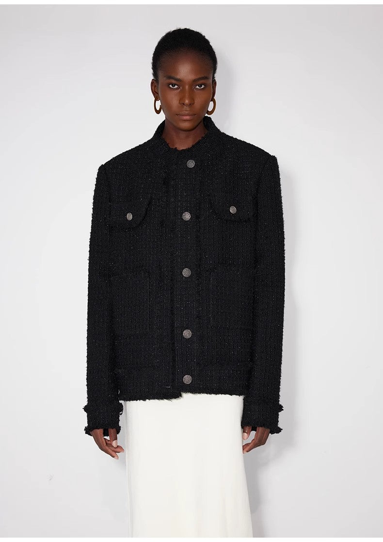 Iconic Heavy New Zealand Wool Elegant Blazer Jacket with Textured Trim