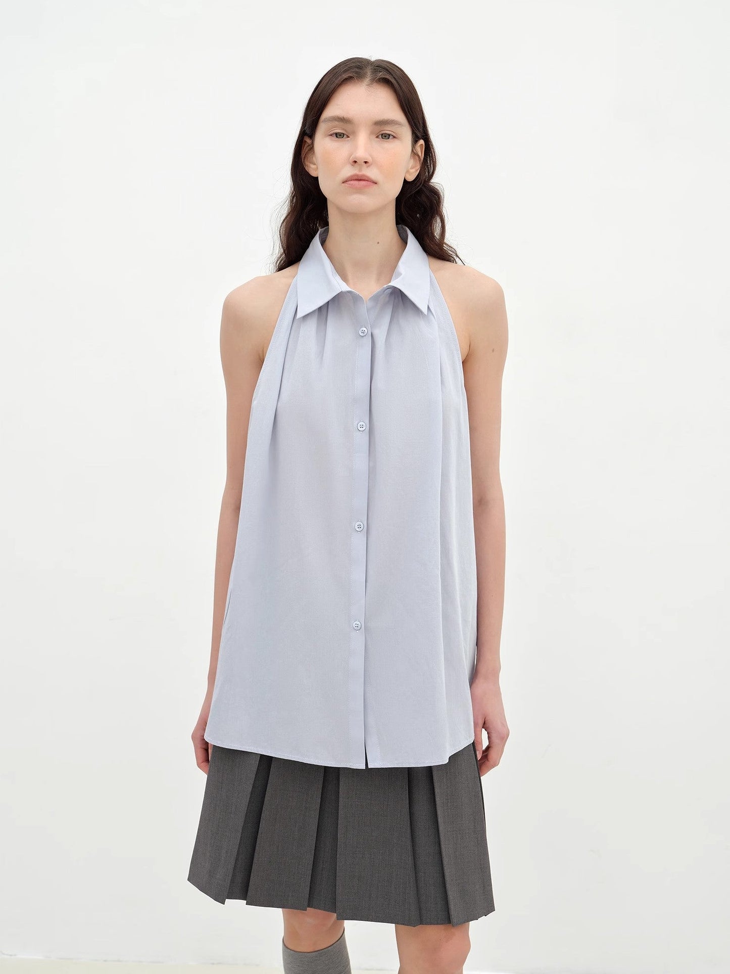 Imported Pure Cotton Stand-Up Collar Oversized Sleeveless Blouse