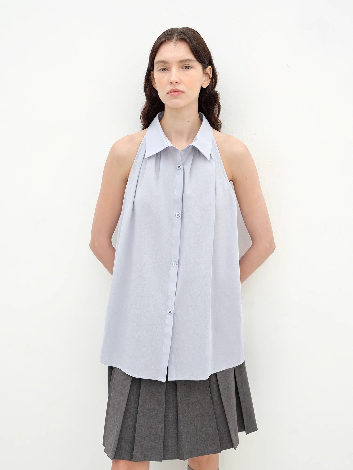 Imported Pure Cotton Stand-Up Collar Oversized Sleeveless Blouse