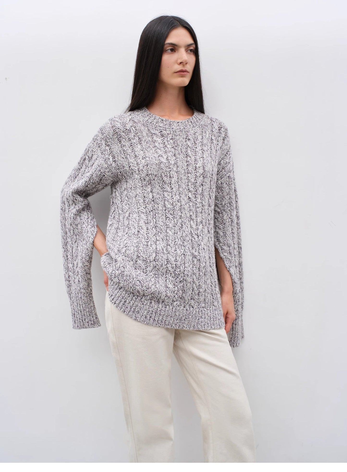 Wide-Shoulder Cape Sleeve Cable-Knit Wool Blend Sweater