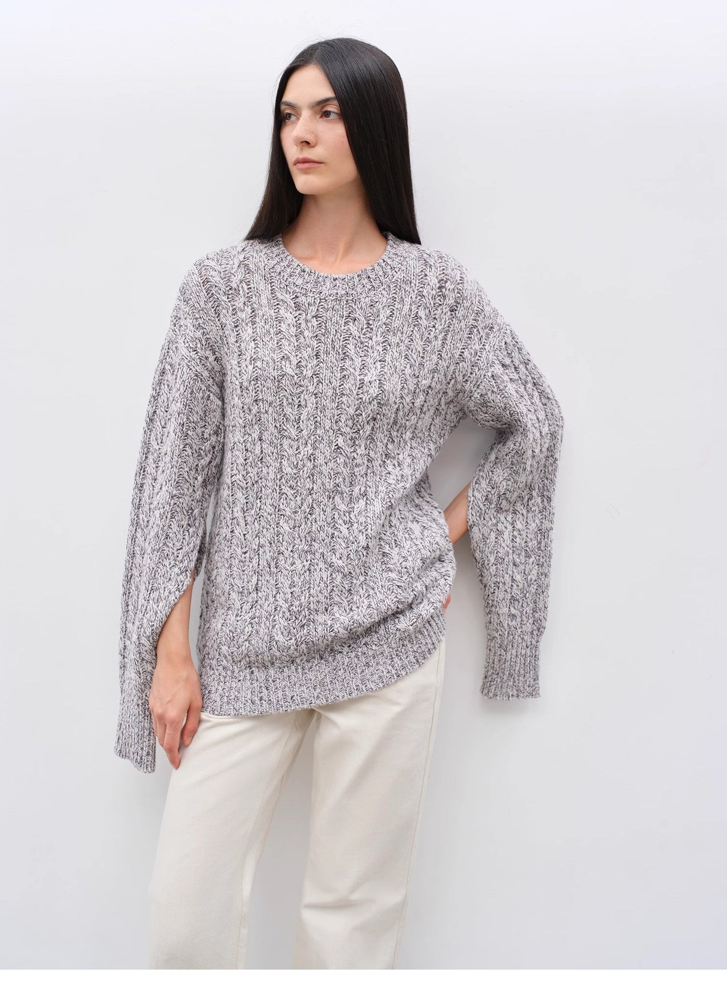 Wide-Shoulder Cape Sleeve Cable-Knit Wool Blend Sweater