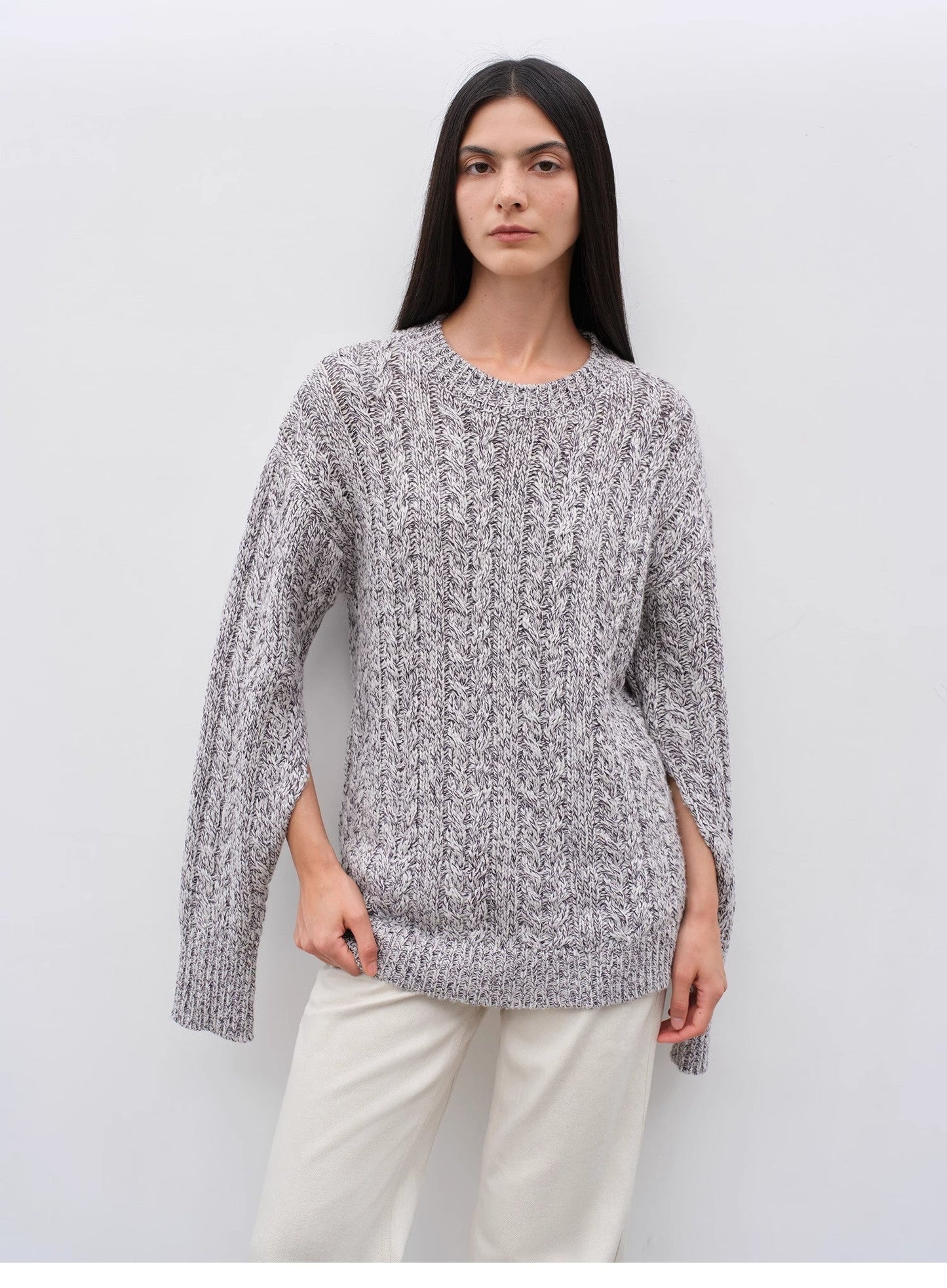 Wide-Shoulder Cape Sleeve Cable-Knit Wool Blend Sweater