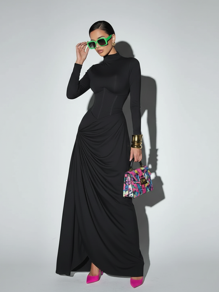 High Neck Waist-Cinched Slit Dress, Elegant, Fifth Avenue, BYMANYC New York.