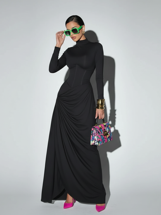 High Neck Waist-Cinched Slit Dress, Elegant, Fifth Avenue, BYMANYC New York.