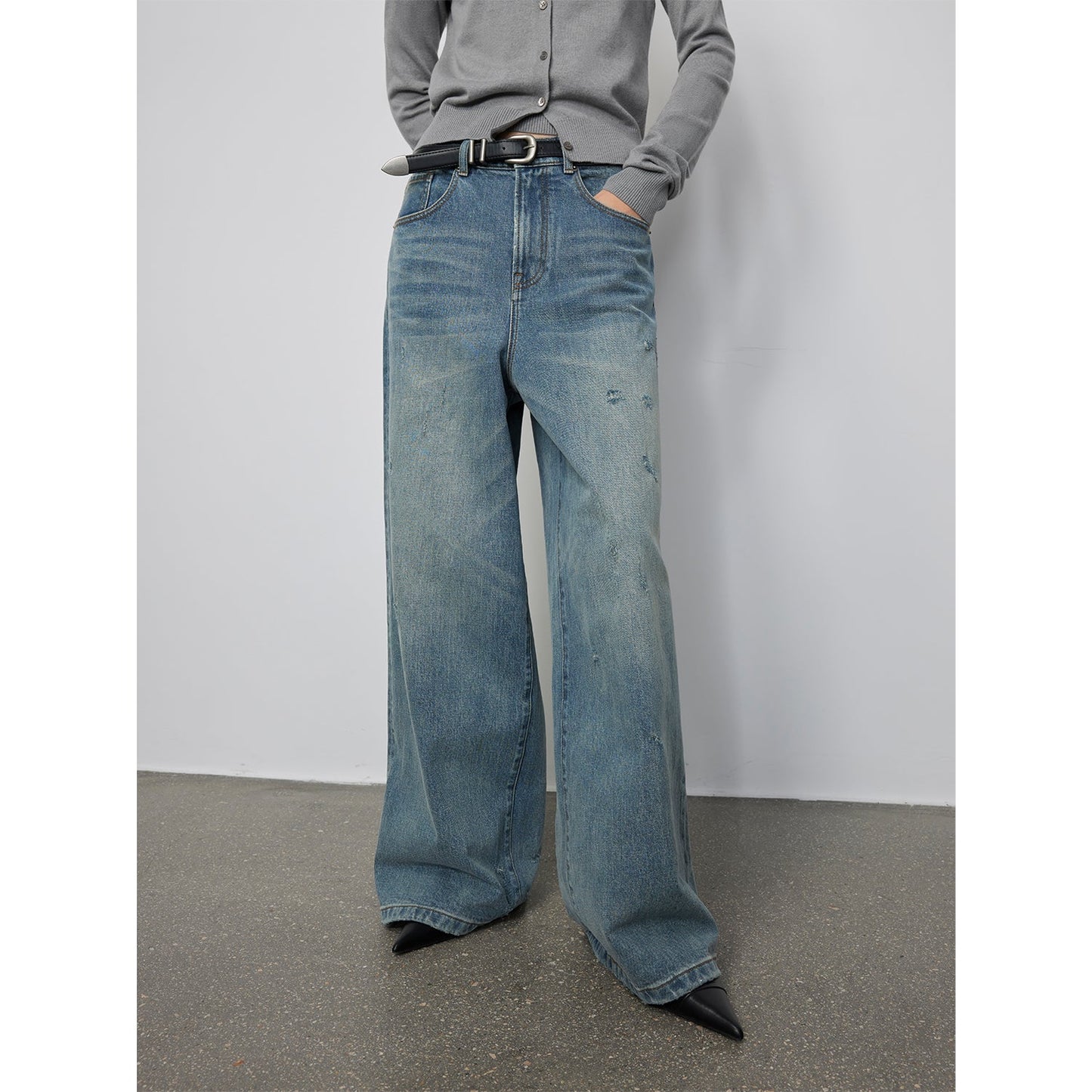 "90 Street" Retro Washed Distressed Wide Leg Jeans