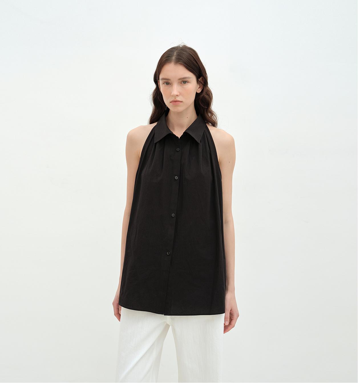 Imported Pure Cotton Stand-Up Collar Oversized Sleeveless Blouse
