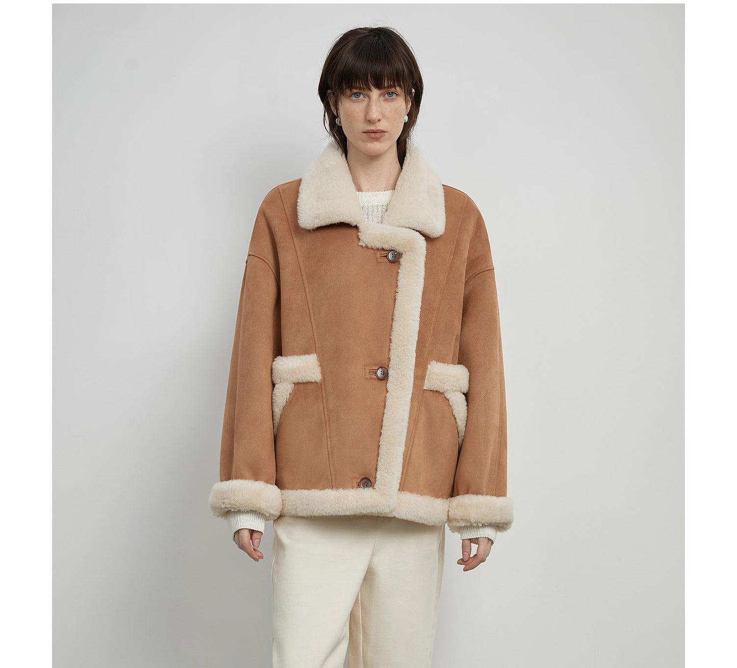 Retro Biker-Style Wool-Lined Wide Lapel Suede Shearling Jacket