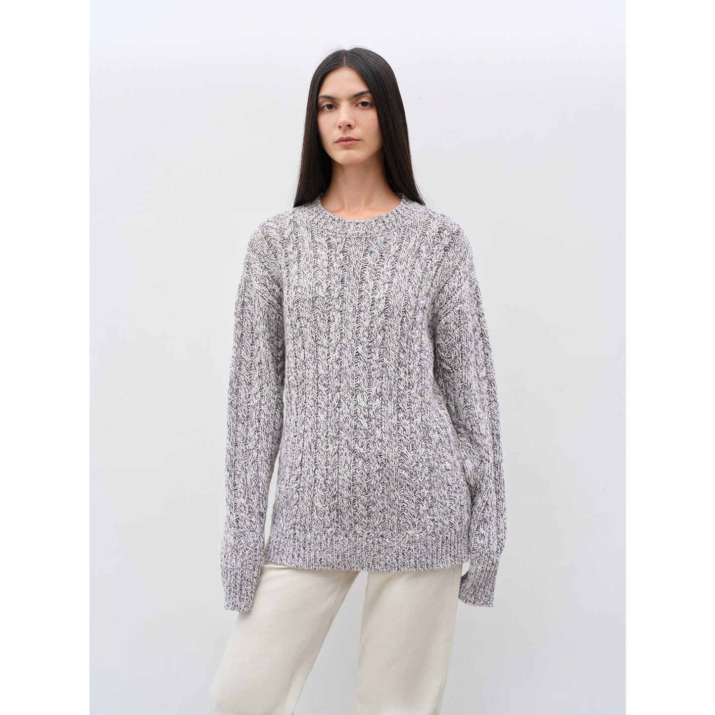 Wide-Shoulder Cape Sleeve Cable-Knit Wool Blend Sweater