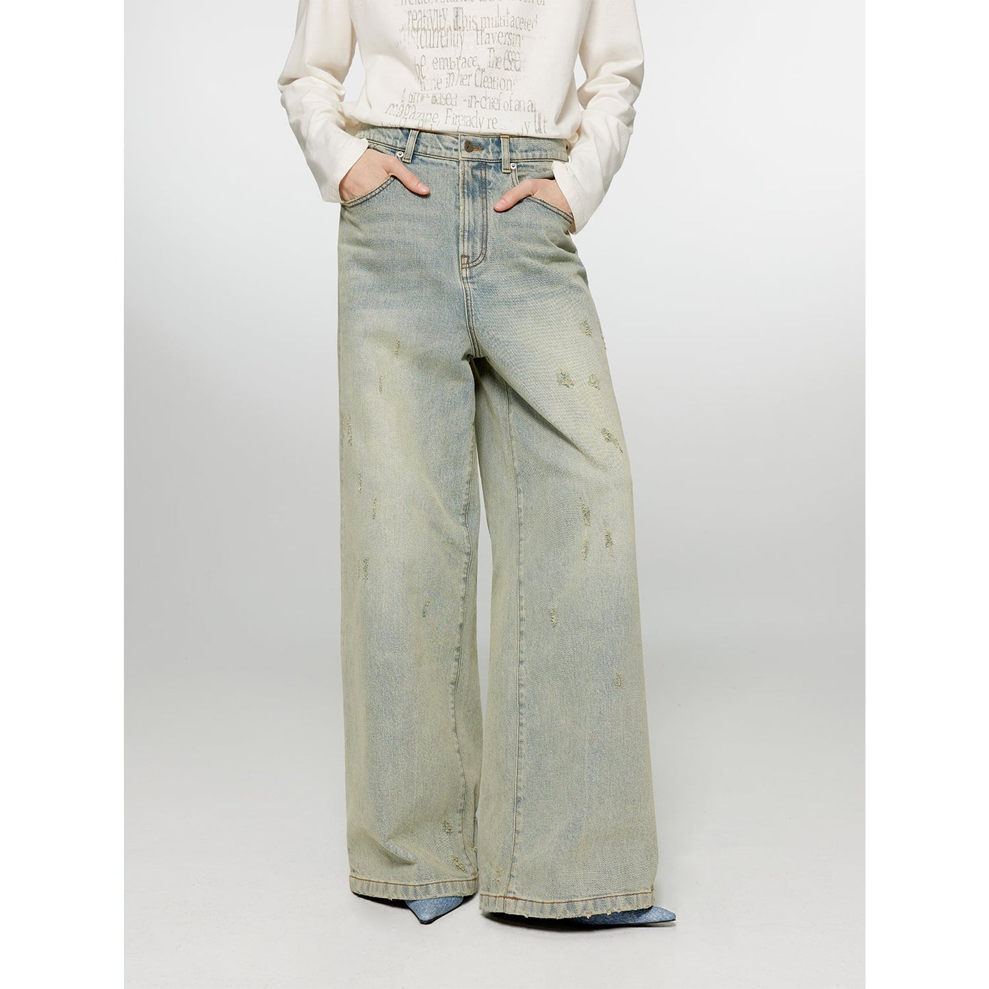 "90 Street" Retro Washed Distressed Wide Leg Jeans