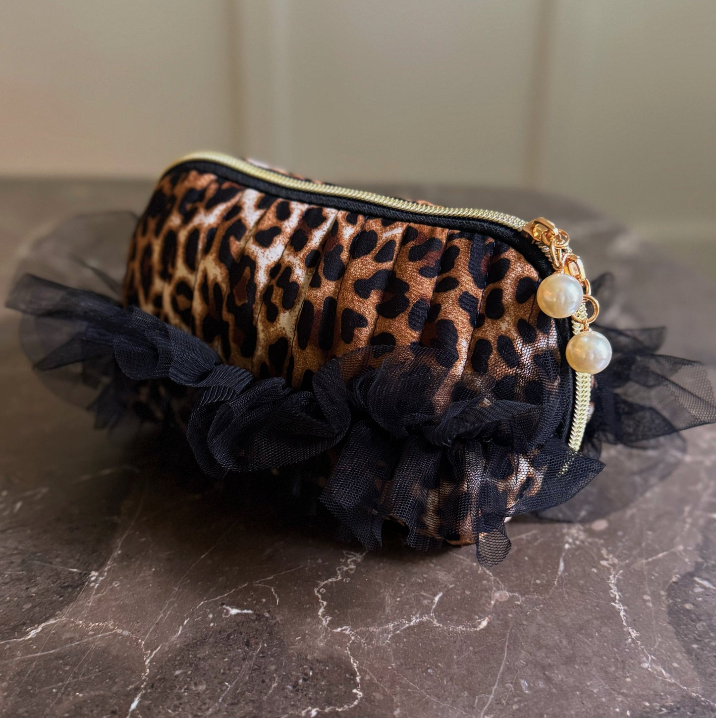 Tulle Laced Leopard Cosmetic Case – Sassy & Feminine Pouch for Makeup, Travel, or Everyday Use