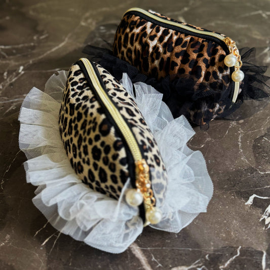 Tulle Laced Leopard Cosmetic Case – Sassy & Feminine Pouch for Makeup, Travel, or Everyday Use