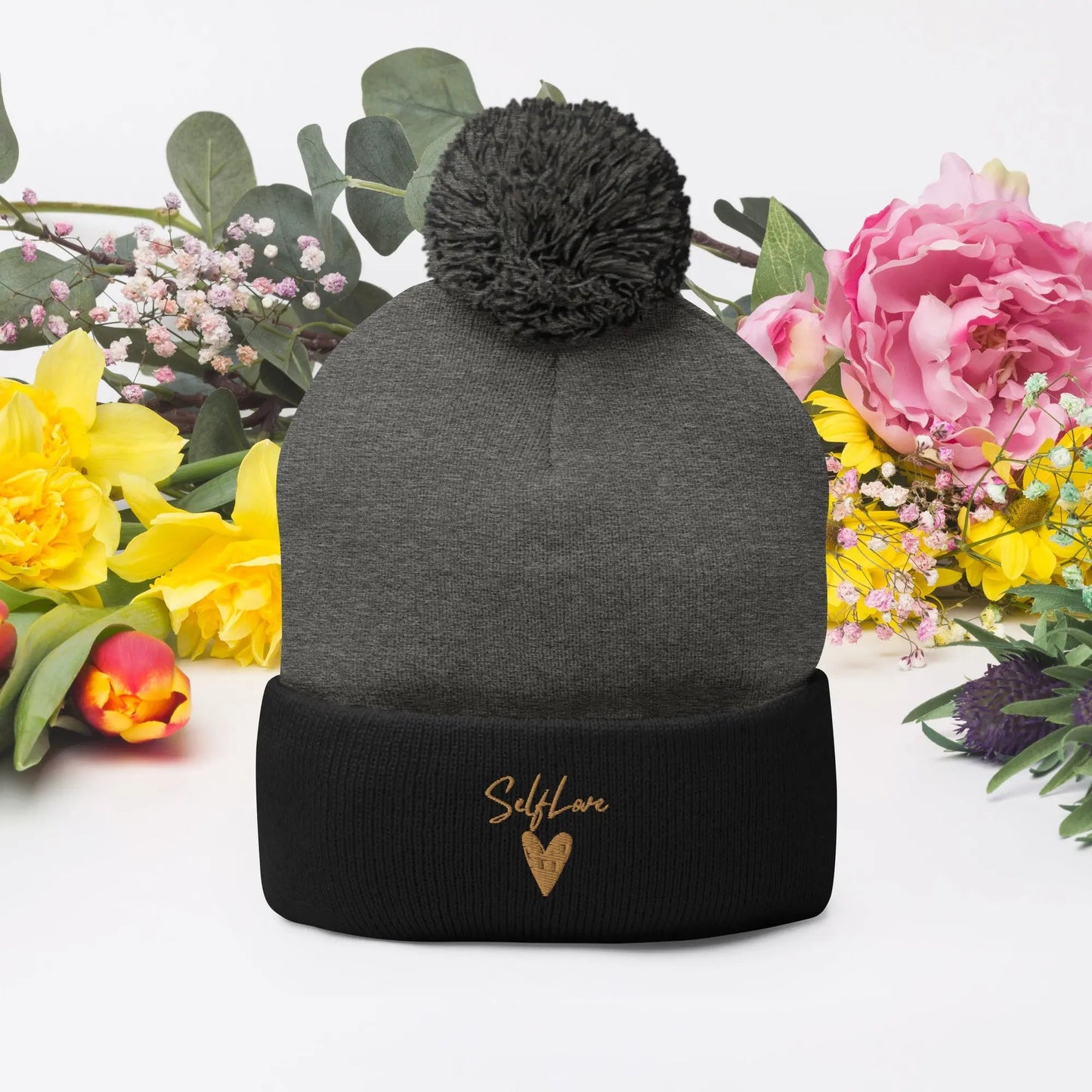 Self Love Pom-Pom Beanie - Women's Beanie With Embroidery